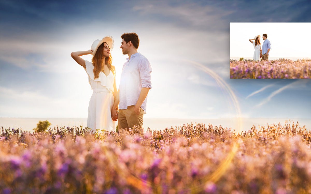 Painted Skies and Light Leaks used on Couple in Field, Before After Edit