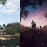 Day and night silhouettes of kids walking