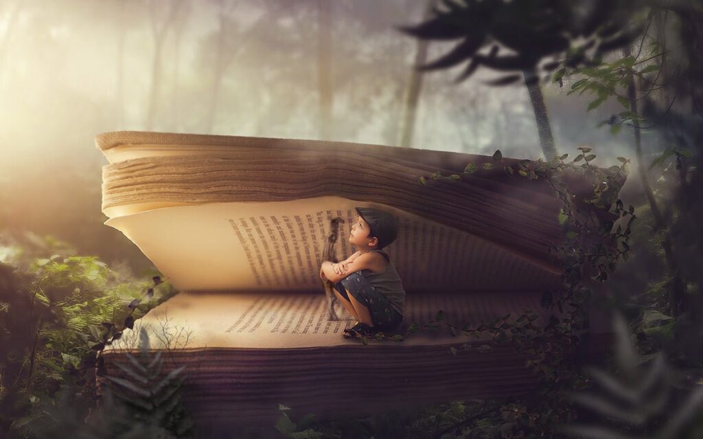 composite of child sitting ini a book in the middle of a forest with light shining down