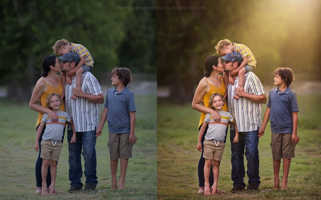 before and after edit of family with added light shining on family