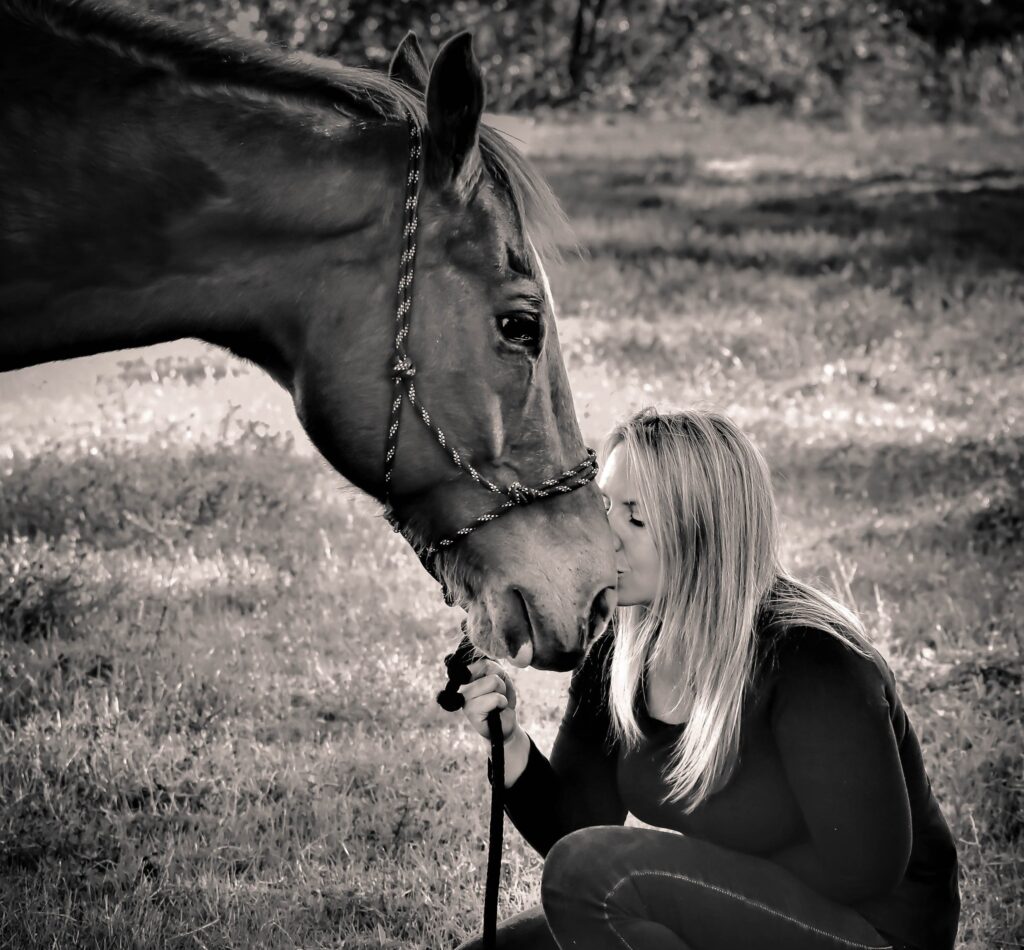 woman giving a horse a kiss