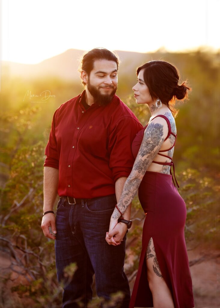 engagement session of couple in the evening light