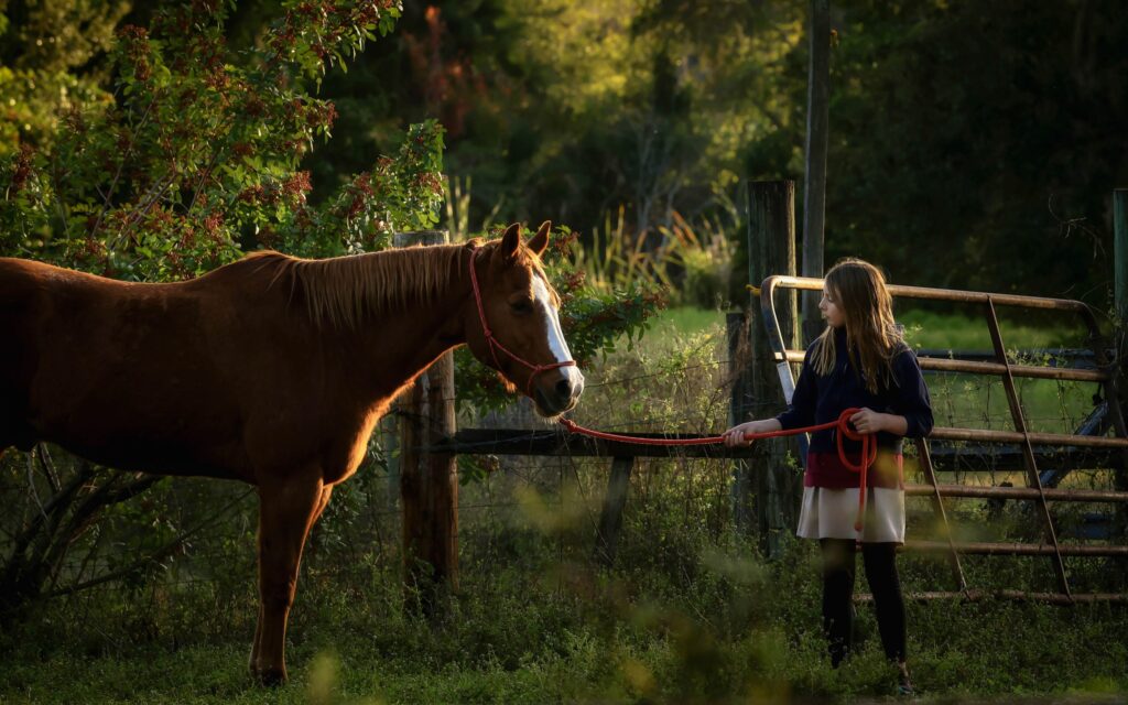 Little girl walking with her horse in a green pasture