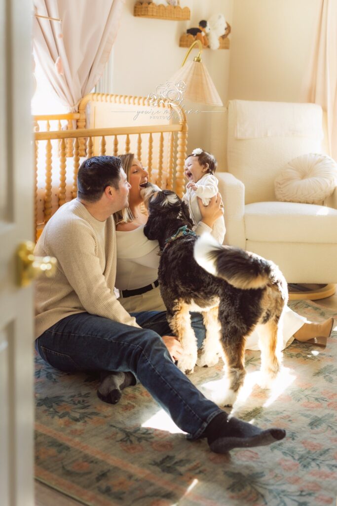 New parents sitting by window holding baby with dog watching