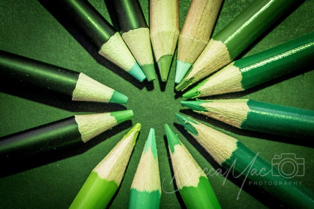 Up close, detail shot of a group of green pencils all placed in a circle