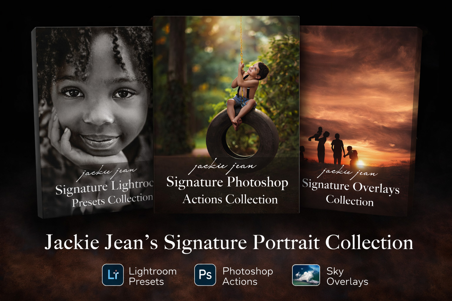 Jackie Jeans Signature Portrait Collection featuring a black and white portrait, an evening sky on product cover
