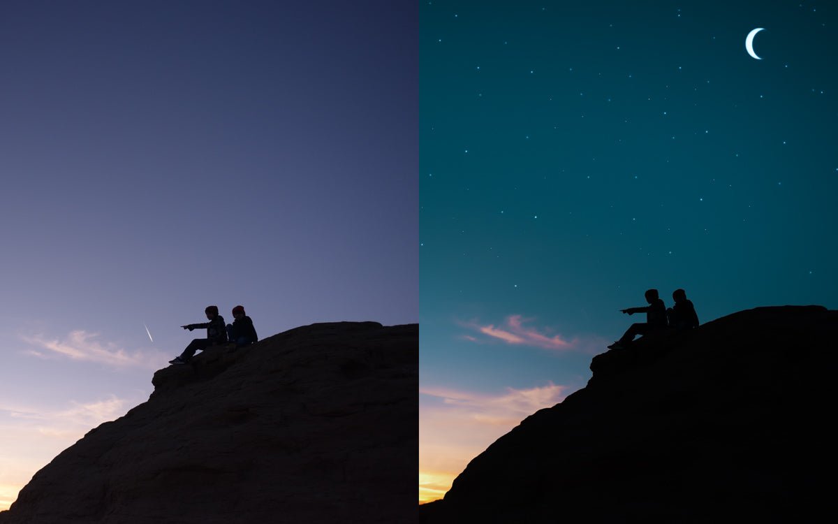 creative editing in lightroom before and after - night sky with stars