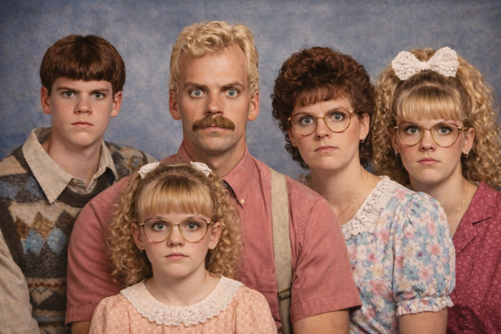 awkward family portrait with family of five with no smiles