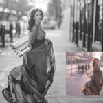 black and white portrait of woman running in flowy dress in urban setting - BW from Essential for Lightroom presets