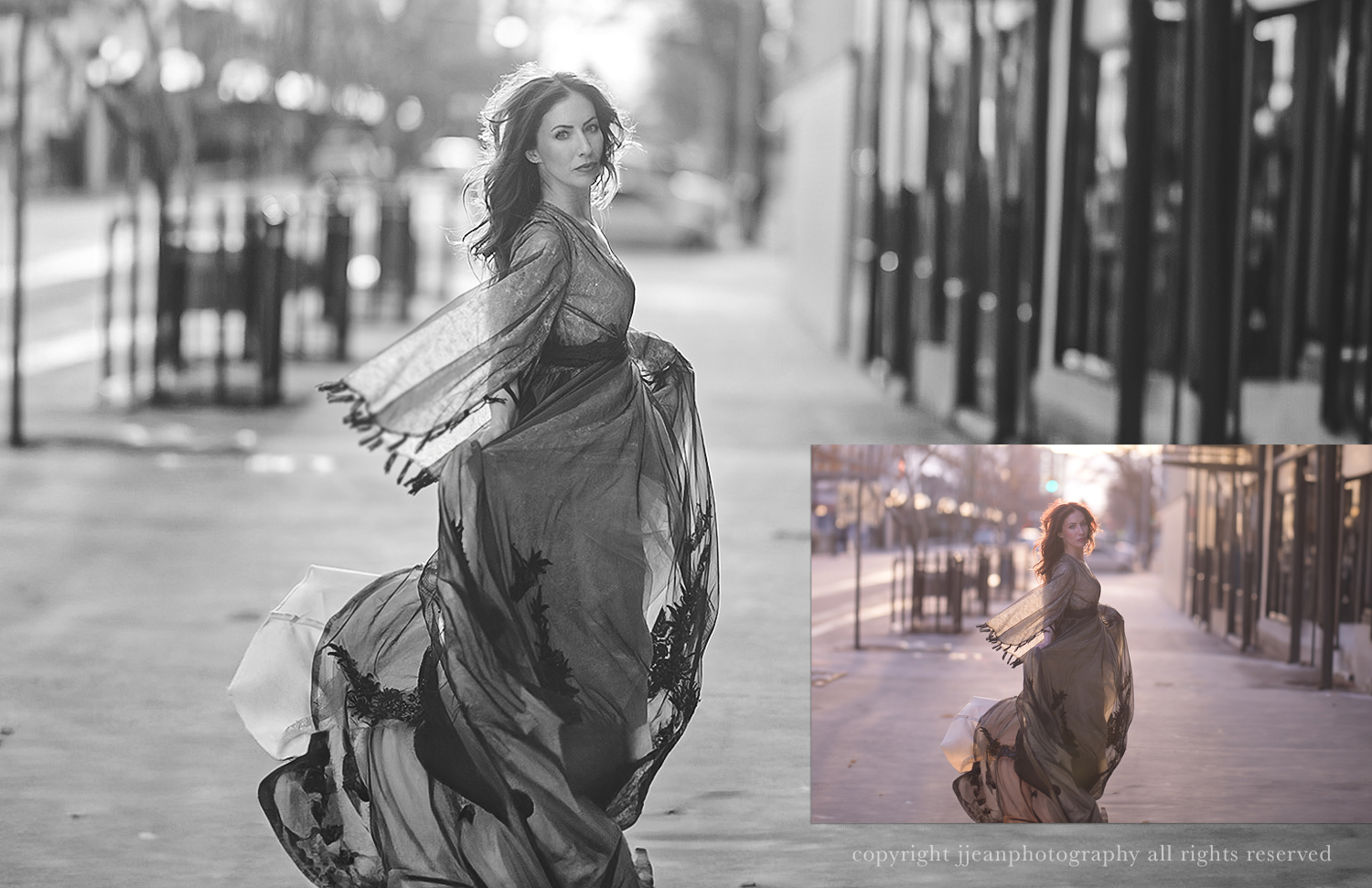 black and white portrait of woman running in flowy dress in urban setting - BW from Essential for Lightroom presets
