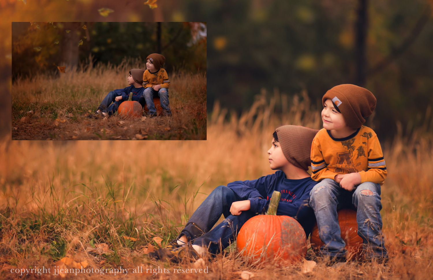 kids watching the autumn leaves fall sitting by a pumpkin - before and after using lightroom essential presets