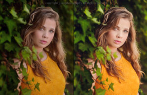 senior portraits taken in green vines before and after edit - essentials for lightroom