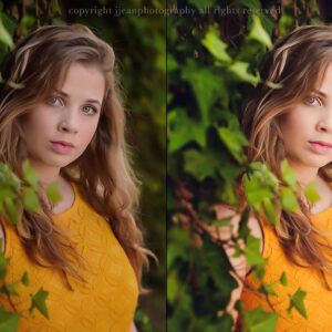 senior portraits taken in green vines before and after edit - essentials for lightroom