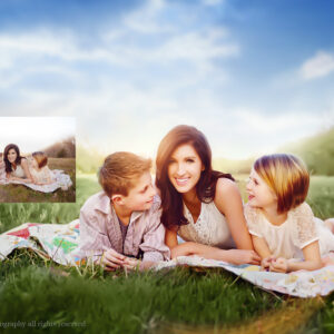 mom with kids enjoying a sunny evening - before and after using The Signature Starter actions and sky overlay