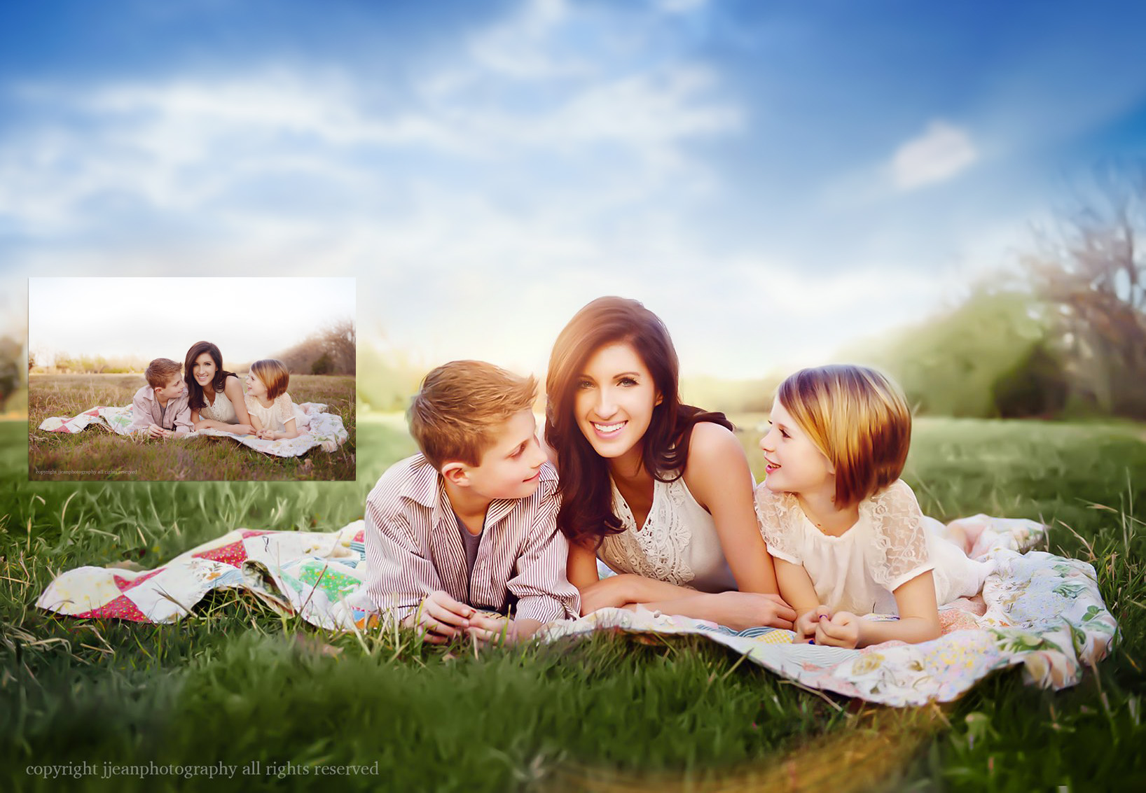 mom with kids enjoying a sunny evening - before and after using The Signature Starter actions and sky overlay
